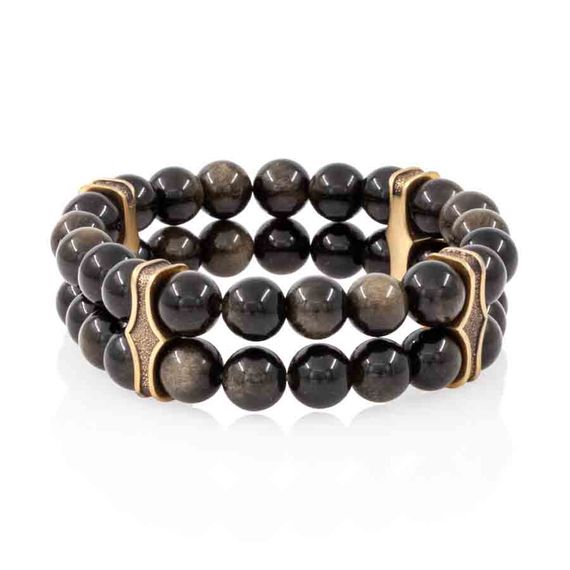 Браслет двойной из натуральных камней обсидиана 8 мм с шармами из бронзы, фото 2