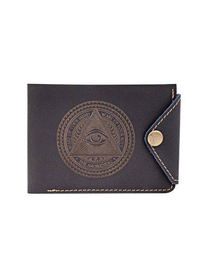 Фото компактного портмоне Всевидящее Око из синей кожи, в сложенном виде.