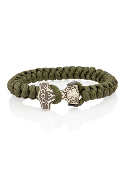 Браслет из зелёного паракорда с шармом Молот тора Bayer из мельхиора, вид спереди