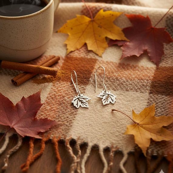 Серьги Лист Кленовый из серебра 925 пробы, живое фото 2