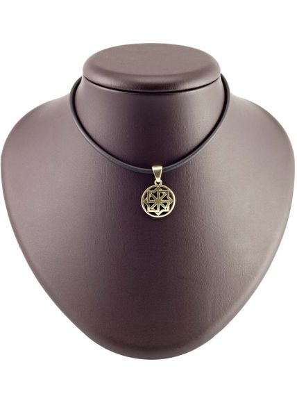 Фото оберега Молвинец в солнце подвеска малая из бронзы, вид на постаменте.