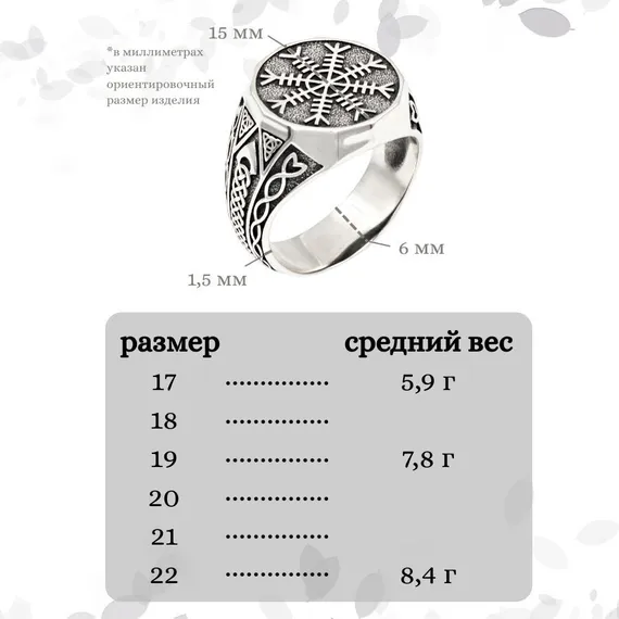 Кольцо Агисхьяльм из серебра, вес и размеры
