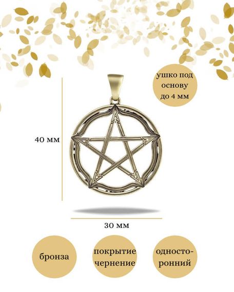 Подвеска Пентаграмма из бронзы, фото с инфографикой размеров