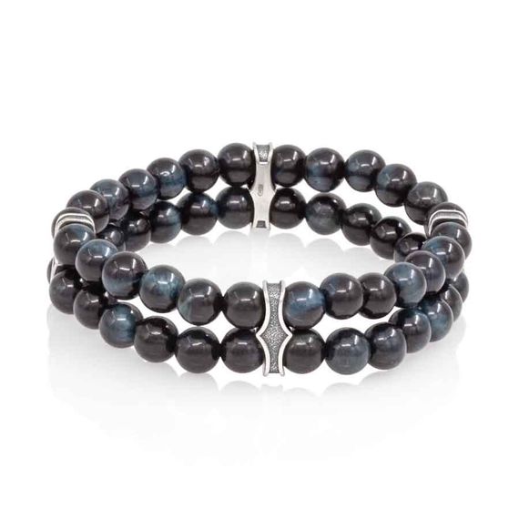 Двойной браслет из соколиного глаза 6 мм с шармами из серебра, вид 1