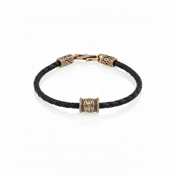 Браслет гайтан из натуральной кожи с руной Альгиз бронза, фото 1