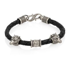 Браслет гайтан черный 5 мм с руной Альгиз и двумя шармами Волк Мельхиор