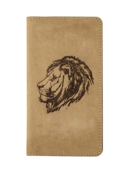 Фото функционального высокого кошелька Лев из светло-коричневого нубука, вид фасад.