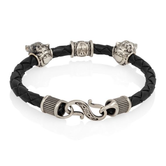 Браслет гайтан черный 5 мм с руной Альгиз и двумя шармами волк Мельхиор, фото 2