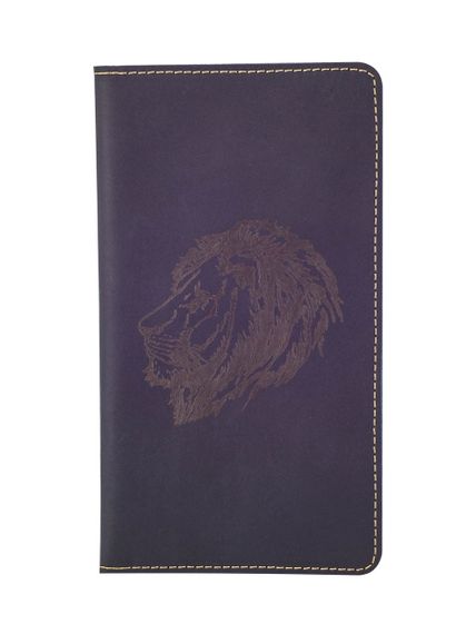 Фото функционального высокого кошелька Лев из синей кожи, вид фасад.