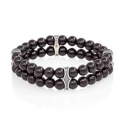 Двойной браслет из черного кварца 6 мм с шармами из серебра