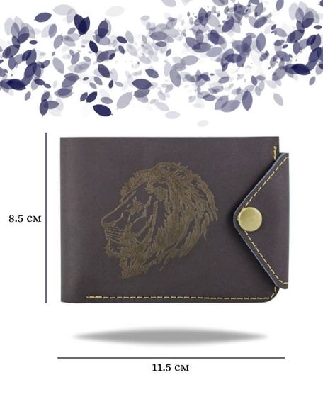 Фото функционального портмоне Лев из синей кожи койот Инфографика Размеры