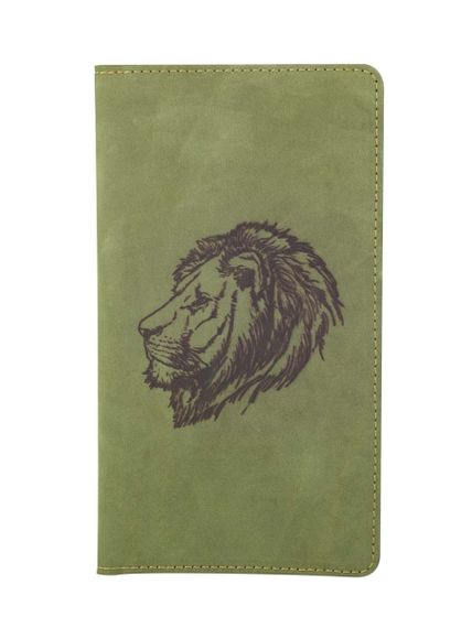 Фото функционального высокого кошелька Лев из зеленого нубука, вид фасад.