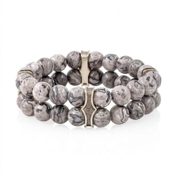 Двойной браслет из натуральных камней яшмы серой 8 мм с шармами из мельхиора, фото 2