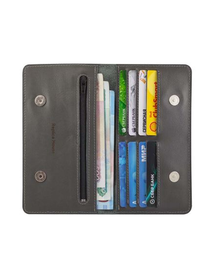 Фото функционального кошелька Всевидящее Око из серой кожи, развернутый вид с наполнением.