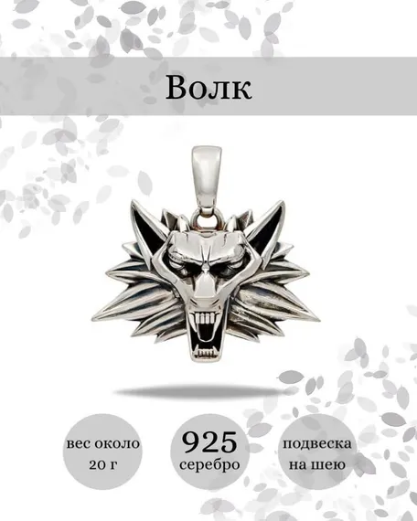 Подвеска волк из серебра 925 пробы, фото с инфографикой