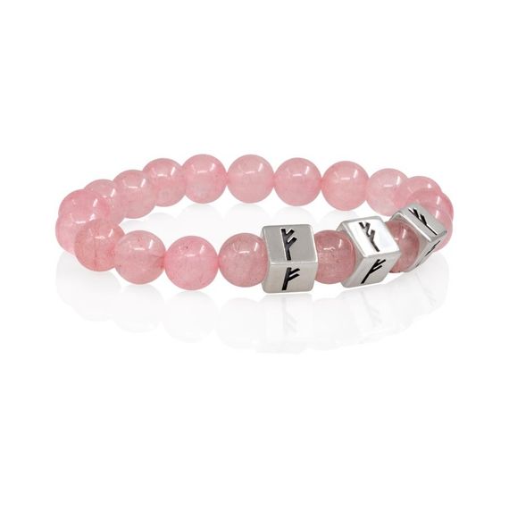 Браслет Изобилие и рост из натурального розового кварца с 3 рунами Феху в форме куба из серебра 925, вид 2