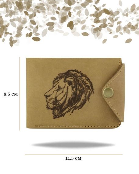 Фото функционального портмоне Лев из светло-коричневой кожи койот Инфографика Размеры
