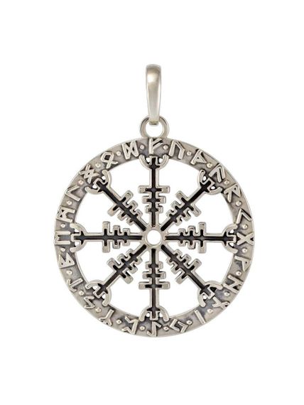 Фотография рунического оберега шлем ужаса из серебра, вид в анфас на белом фоне.