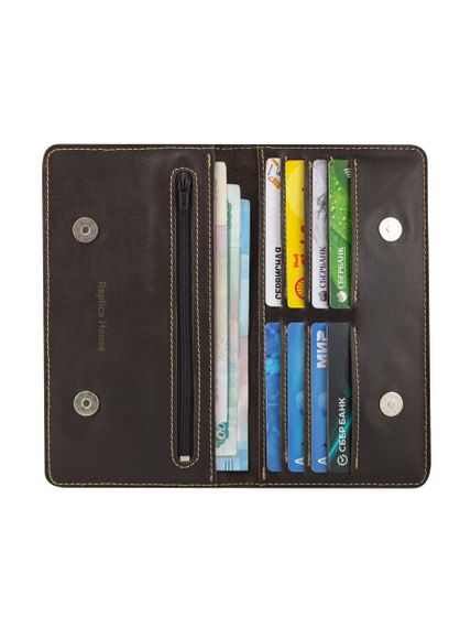 Фото высокого кошелька Лев из темно-коричневой кожи, развернутый вид с наполнением.