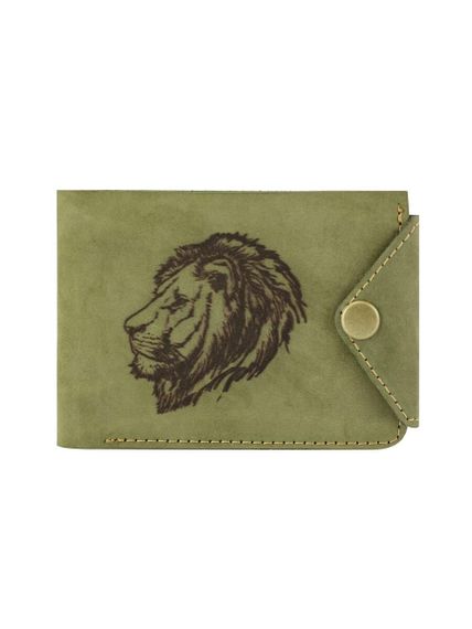 Фото функционального портмоне Лев из светло зеленого нубука, вид фасад.