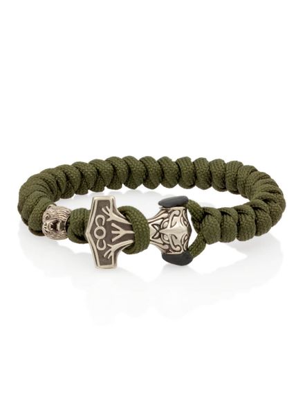 Браслет из зелёного паракорда с шармом Молот тора Bayer и медведем из мельхиора, вид спереди
