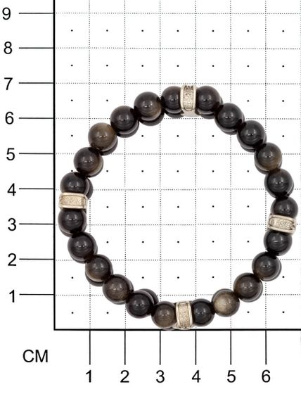 Фото браслета двойного из обсидиана 8 мм с шармом Всевидящее око из мельхиора, на размерной сетке