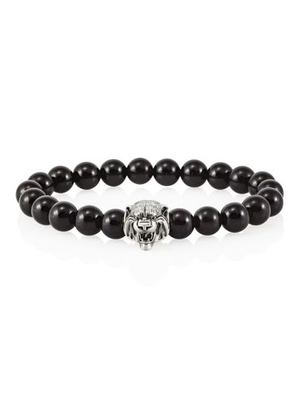 Фотография браслета из черного кварца с серебряной бусиной Тигр.