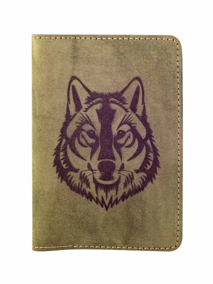 Фото обложка для паспорта Волк из зеленого нубука, вид с фасада.