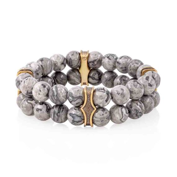 Двойной браслет из натуральных камней яшмы серой 8 мм с шармами из бронзы, фото 1