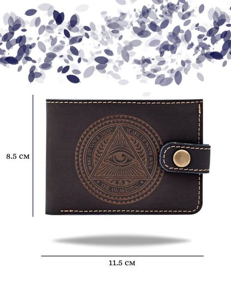 Фото функционального портмоне Всевидящее Око из синей кожи коала Инфографика Размеры