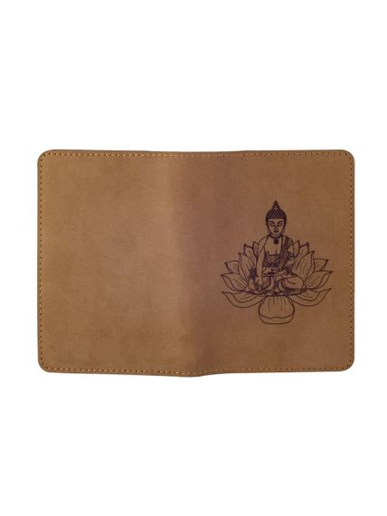Фотография обложки для паспорта Будда на цветке лотоса из нубука светло коричневого цвета в развернутом виде.