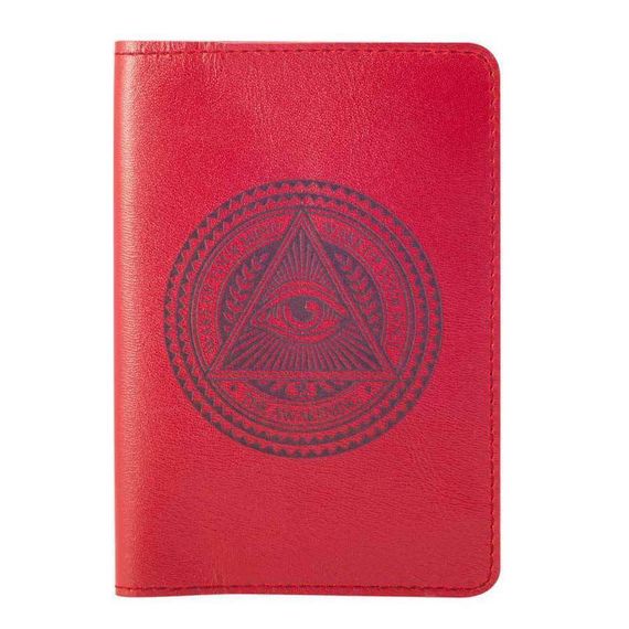 Обложка из натуральной кожи красного цвета с гравировкой всевидящее око на белом фоне.