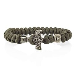 Браслет из оливкового паракорда с молотом Тора Мьёльнир и медведем из мельхиора