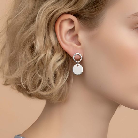 Серьги-пусеты с подвеской Круг из серебра 925 пробы, живое фото 1