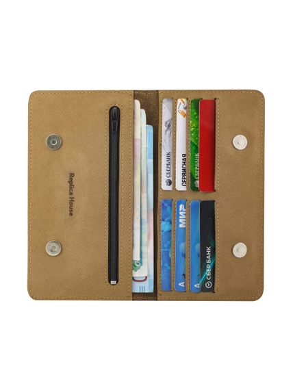 Фото функционального кошелька Классический из коричневого нубука, развернутый вид с наполнением.
