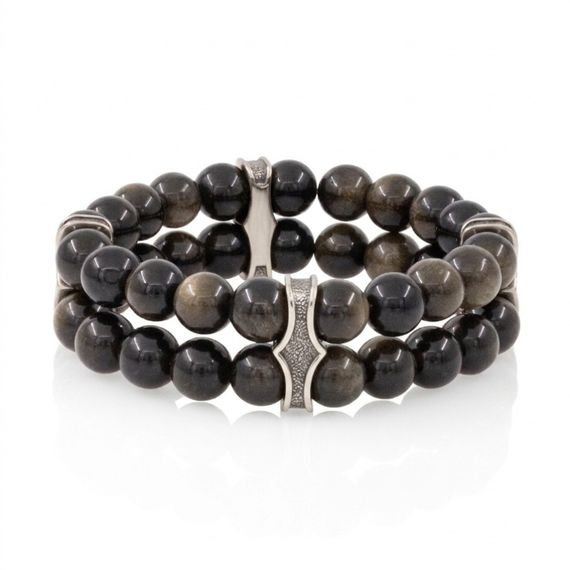 Двойной браслет из натурального камня обсидиана 8 мм с шармами из мельхиора, фото 2