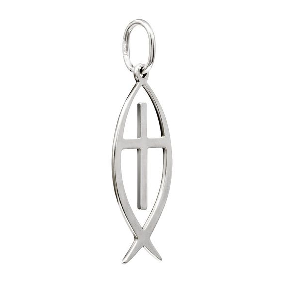 Подвеска Ихтис с крестом - кулон из серебра, вид сзади полубоком