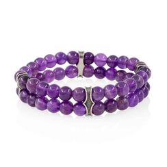 Браслет двойной из натуральных камней аметиста 6 мм с шармами из мельхиора