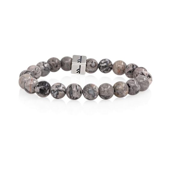 Браслет Достаток и сила из натуральной серой яшмы с руной Феху в форме куба из серебра 925, вид 3