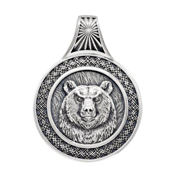 Серебряный оберег с символом Велеса и медведем подвеска, фото 1