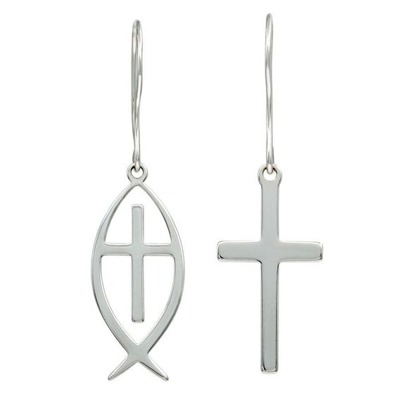 Ихтис и Крест католический - серьги из серебра 925 пробы, фото 1