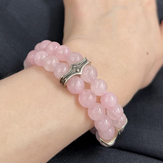 Браслет Всевидящее Око из Мельхиора Двойной с кварцем розовым 8 мм, живое фото 1