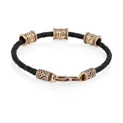 Браслет гайтан черный 3 мм с тремя рунами Феху Бронза