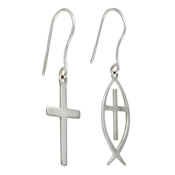 Ихтис и Крест католический - серьги из серебра 925 пробы, фото 2
