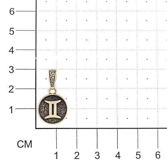Фото подвески Близнецы знак зодиака из бронзового сплава на размерной сетке.