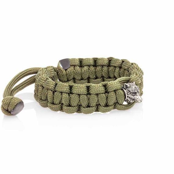 Браслет с шармом Волк из мельхиора - зеленый паракорд, вид 2