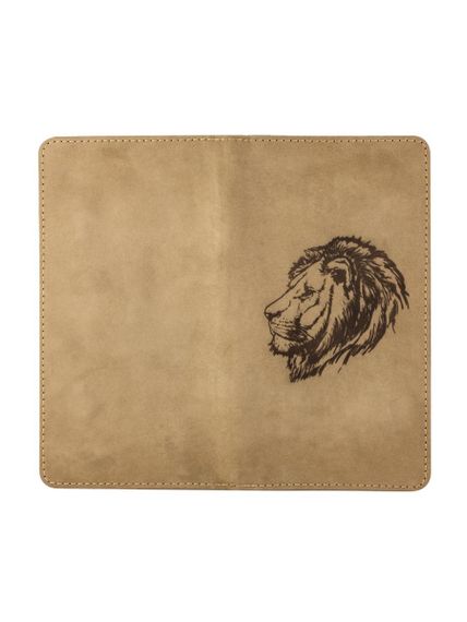 Фото высокого кошелька Лев из светло-коричневого нубука в развёрнутом виде.