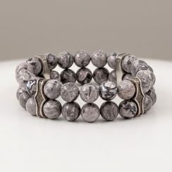 Двойной браслет из натурального камня обсидиана 8 мм с шармами из мельхиора