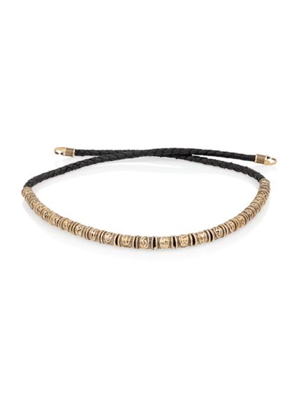 Браслет набор рун 24 шт из бронзы на черном кожаном шнуре с замком Captain Hook, спереди в развернутом виде