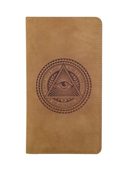 Фото функционального кошелька Всевидящее Око из светло-коричневого нубука, вид фасад.